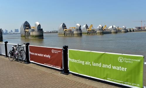 Thames Barrier with Environment Agency signs